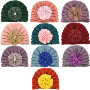 Toddler knitted winter beanies set with large fabric flowers in ten assorted colors