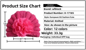 Detailed view of pink knitted baby turban hat with a large decorative flower craft
