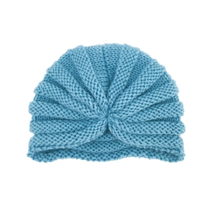 Detail of light blue knit turban hat for babies featuring center knot and ribbed texture