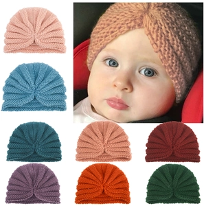Soft knit baby turban hats set in 8 colors including pink and blue for autumn and winter warmth