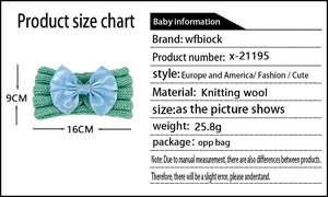 Size chart for green knitted baby headband with a blue satin bow detailing