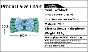 Detailed view of mint green knitted baby headband with light blue satin bow and size labels