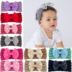 Knitted baby headband set with large satin bows in ten assorted vibrant colors