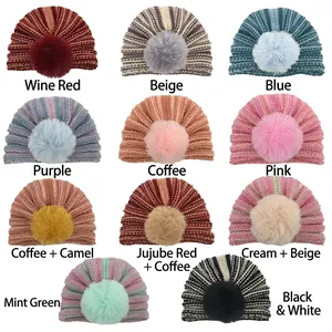 Berretti neonato in maglia a costine con grandi pompon in 11 colori per l'inverno