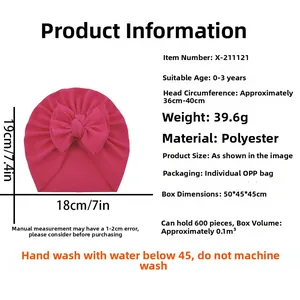 Detailed size chart for rose red baby turban hat with large bow and textured fabric