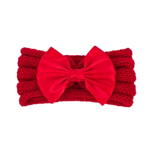 Red knit baby headband with a large satin bow, festive stretch hair accessory for toddlers