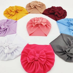 Soft baby knot turban beanies with large bows in multi-color waffle knit set