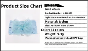 Detailed size chart for baby nylon headbands with dimensions 16cm by 8cm and soft texture