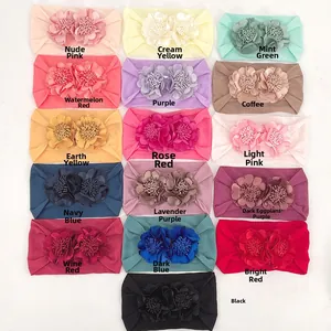 Elastic baby nylon headbands with double chiffon flowers in 16 various solid colors