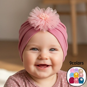 Bonnet Turban pour Bébé Avec Grande Fleur en Maille Décoration Polyester Doux Respirant Plissé Nœud Papillon pour Nouveau-nés Nourrissons