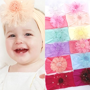 Elastische Baby Stirnbänder aus Nylon mit bunten Netzblumen und glänzenden Sternen