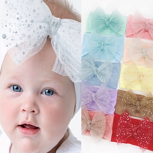 Baby Soft Nylon Headband With Large Glitter Mesh Bow Infants Toddlers Elastic Hair Band Sweet Girls Hair Accessories