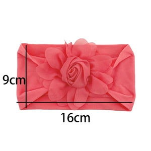 Nylon floral headband for girls with 9x16cm dimensions and a coral pink chiffon rose flower