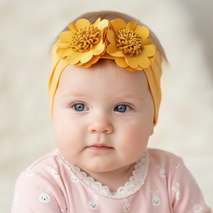 Detailed close-up of double sunflower decoration on mustard yellow infant headband