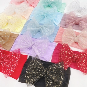 Soft nylon baby headbands with colorful sequined mesh bows for infant girls