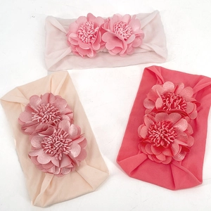 Set of 3 baby nylon flower headbands in soft pink shades with high elastic wide bands