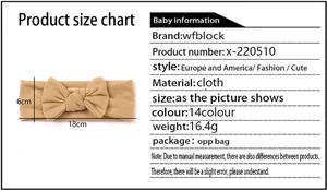 Detailed size chart for baby bow headbands showing 18x6cm dimensions and cloth material