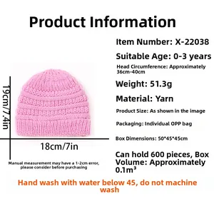 Detail showing pink knitted baby hat texture, 0-3 years size and 36-40cm circumference