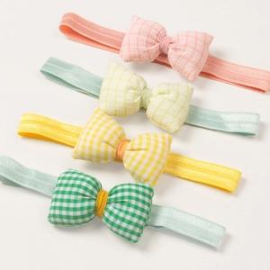 Elastic baby headband set with four colors of gingham bow designs on white background