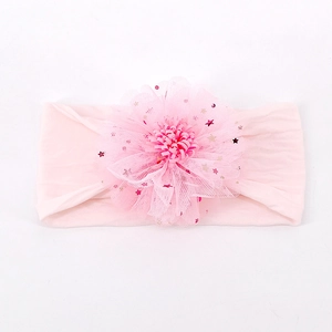 Rosa elastisches Baby-Stirnband mit großer Mesh-Blume und funkelnden Stern-Pailletten