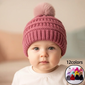Baby Kids Winter Knit Beanie Hat With Faux Fur Pom Pom Soft Warm Solid Color Ribbed Infant Toddler Outdoor Cold Weather Cap