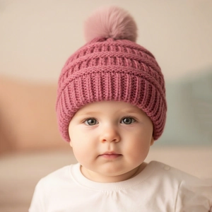 Detailed close-up of pink baby knitted hat with large fluffy pompom and rib-knit texture