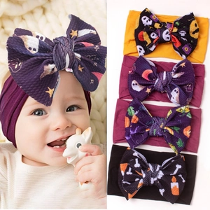 Baby Halloween Headband Large Bow Nylon Hairband With Pumpkin Skull Print For Newborn Toddler Festival Hair Accessories