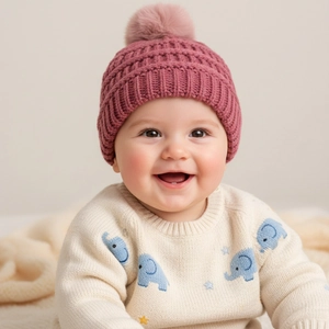 Close-up of a smiling baby wearing a warm dark pink knit hat with a soft pompom detail