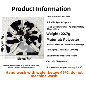 Detailed size specifications for infant cow print turban hat with dimensions and age range