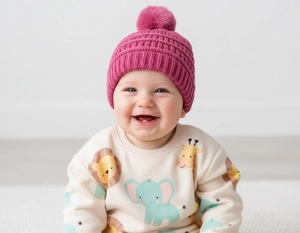 Close-up of baby knit hat with pompom and animal print sweater with shoulder buttons