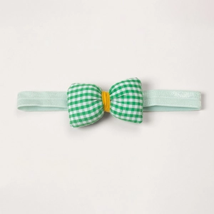Green and white checkered baby headband with soft elastic band and cute fabric bow