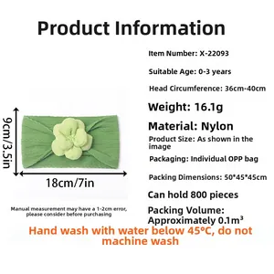 Détails du bandeau bébé en nylon vert avec fleur 3D et texture en tricot torsadé doux