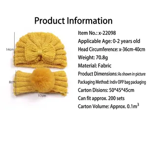 2-piece baby knit hat and headband set with bow and pom-pom in warm yellow