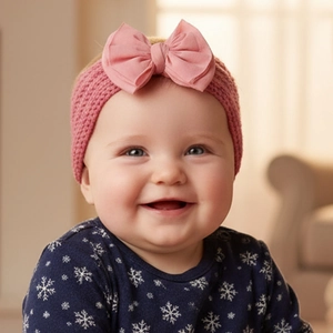 Nahaufnahme eines Baby-Stirnbands in Rosa mit großer Stoffschleife aus weichem Strick