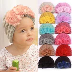 Baby Girl Soft Knitted Turban Hat With Floral Decoration Warm Winter Beanie Headwrap For Infant Toddler Newborn