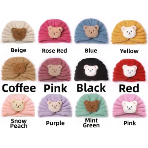 Winter infant knit beanies with bear patch in twelve assorted colors for toddlers