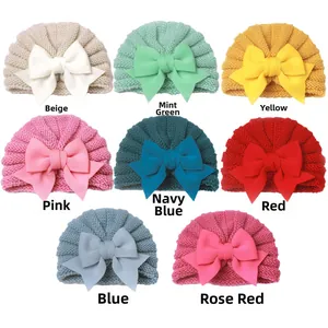 Ensemble de bonnets turbans en tricot pour bébé avec grands nœuds en huit couleurs