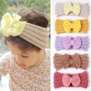 Baby Strickstirnband Set mit großen Schleifen in Beige, Gelb, Lila, Braun und Rosa
