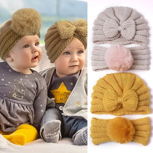 Baby Knitted Turban Hat And Headband Set Large Bowknot Pompom Soft Elastic Warm Winter Beanies For Infants Toddlers Girls Accessories