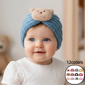 Baby Knitted Turban Hat With 3D Plush Bear Warm Infant Beanie Soft Elastic Winter Hat For Toddler Girls Boys Accessories