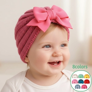 Bonnet Turban en Tricot pour Bébé Doux Chaud Hiver Avec Grand Nœud pour Nourrissons Tout-petits Garçons Filles Accessoires de Photographie