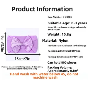 Vue détaillée du bandeau bébé violet en nylon avec infos de taille pour 0-3 ans