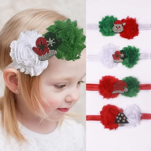 Christmas Baby Girls Headbands Santa Claus Rhinestone Chiffon Flower Elastic Hair Band For Holiday Party Newborn Infant Accessories