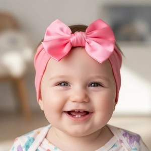 Détail du bandeau à nœud en satin rose avec bande en nylon élastique sur bébé