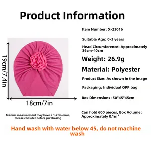 Detailed sizing chart for rose red baby turban hat with decorative flower ornament