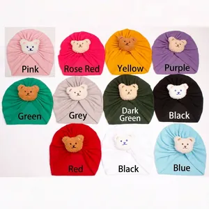 Cozy knit baby turban hats with 3D plush bear detail available in multiple color options