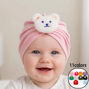 Baby Turban Hat With Plush Bear Decor Soft Knitted Beanie For Newborn Toddler Girls Autumn Winter Warm Headwrap Elastic Cap