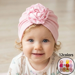 Baby Turban Hat Ribbed Knit Infant Beanie With Large Satin Rose Flower Soft Headwrap For Toddlers Girls Hair Accessories