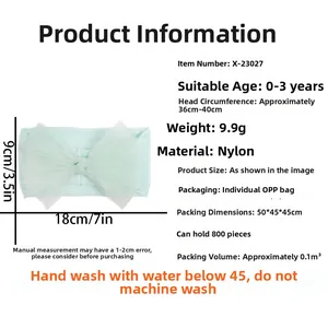 Detail specifications for mint green nylon mesh bow headband for babies aged 0-3 years