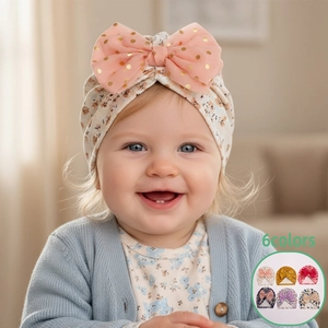 Bonnet Turbant Bébé Fille Nervuré Imprimé Floral Grand Nœud en Maille Pois Dorés Accessoires de Tête Bohème pour Nourrissons